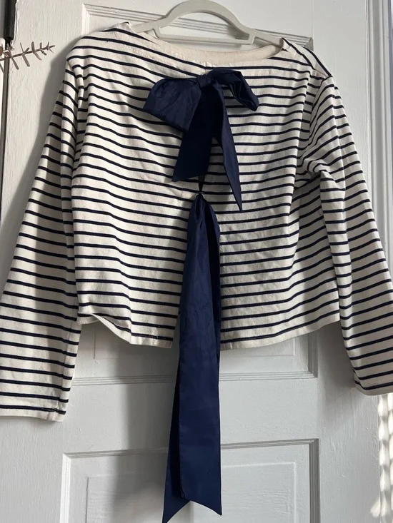 J. Crew White and Navy Striped Bow-Back Top - Picture 3 of 4